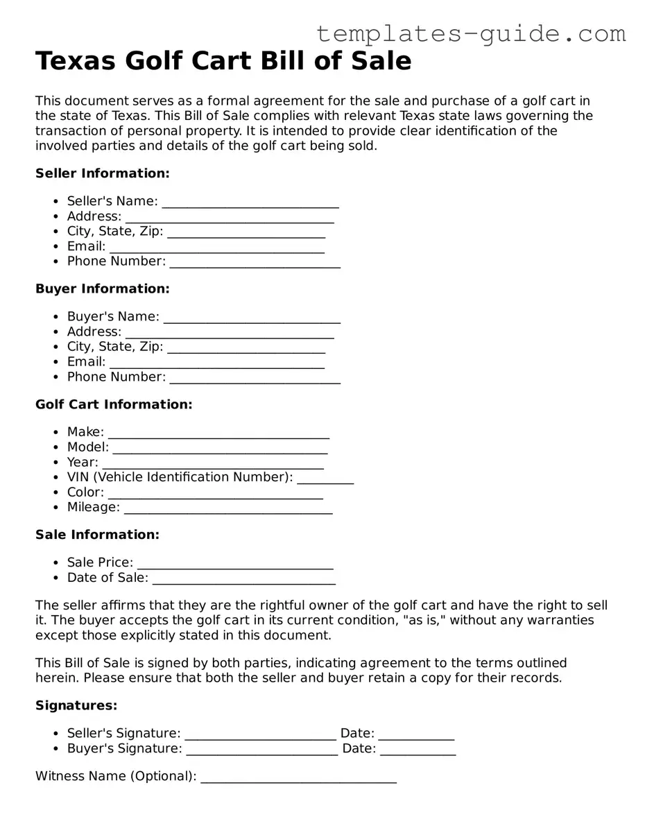 Free  Golf Cart Bill of Sale Form for Texas