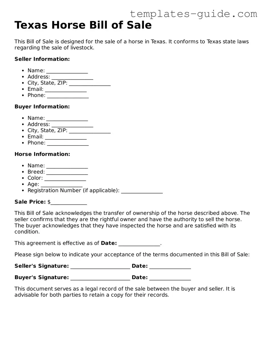 Free  Horse Bill of Sale Form for Texas