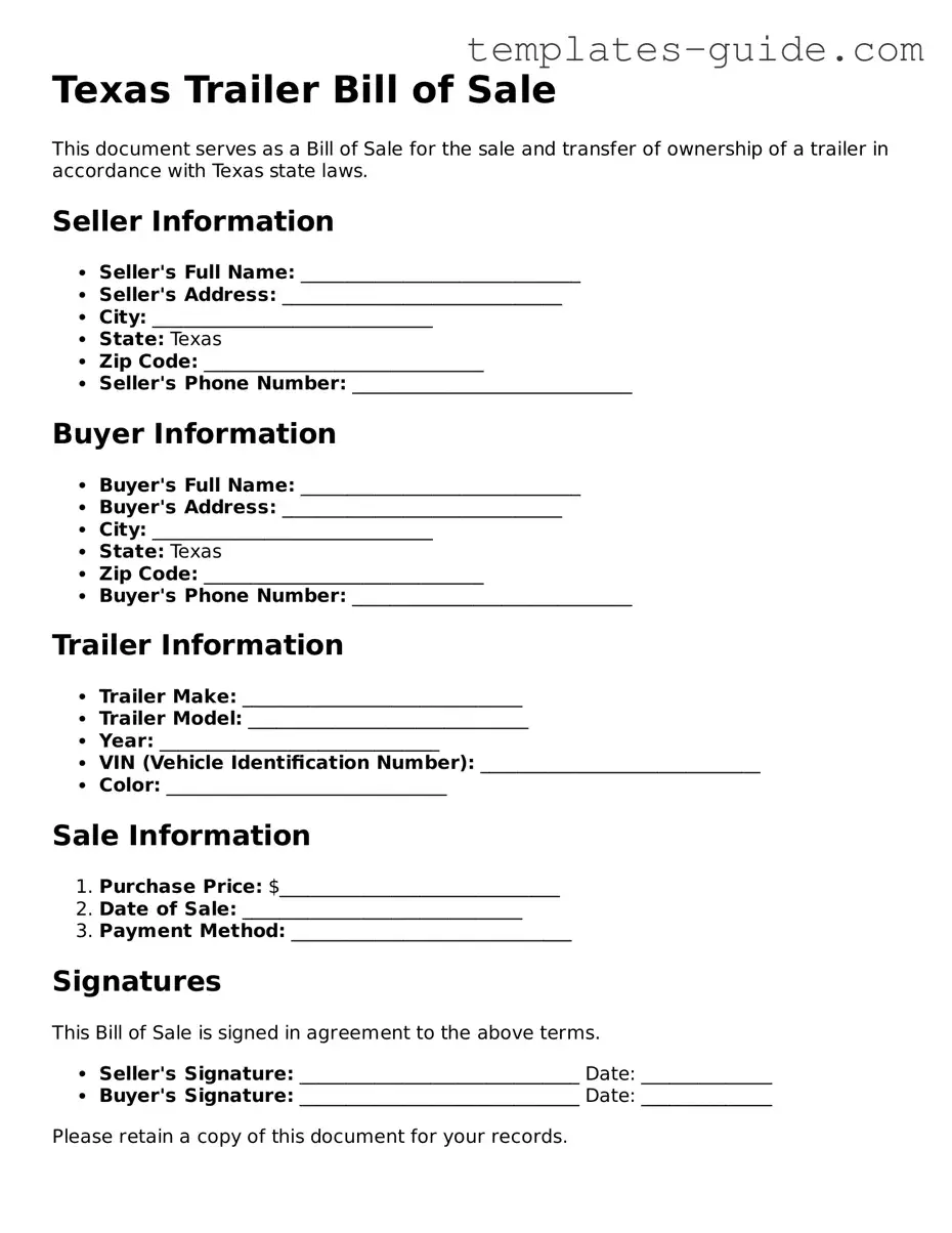 Free  Trailer Bill of Sale Form for Texas