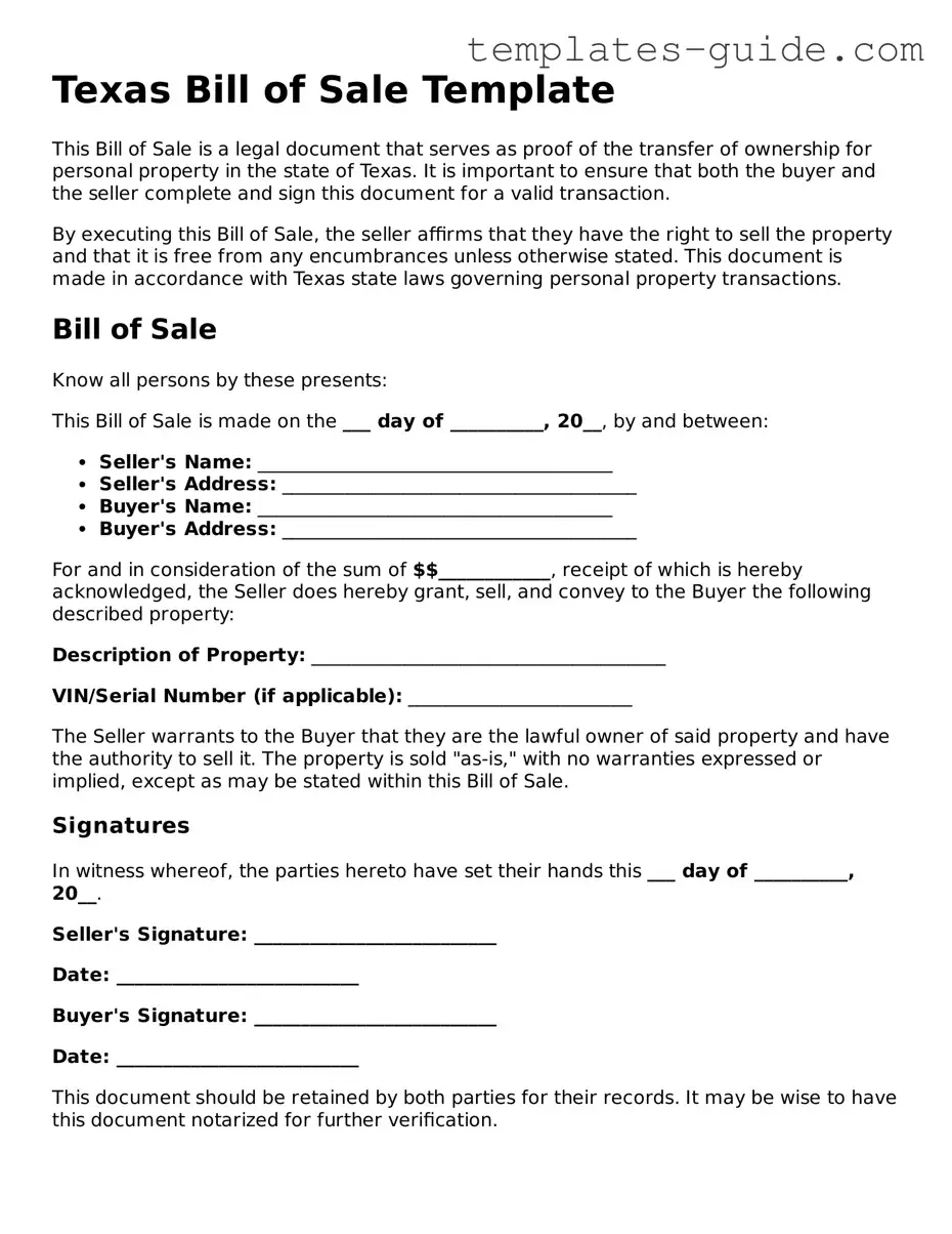 Free  Bill of Sale Form for Texas