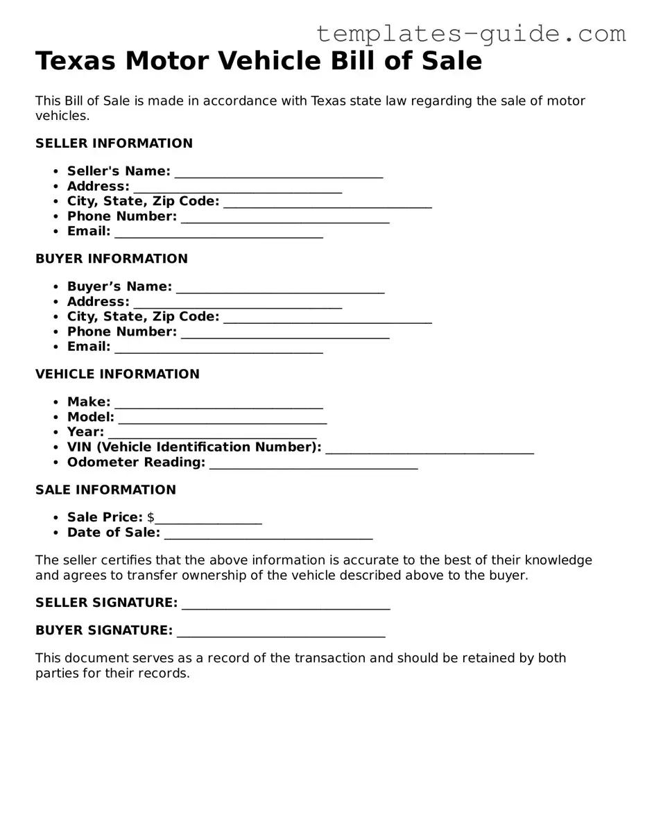 Free  Motor Vehicle Bill of Sale Form for Texas