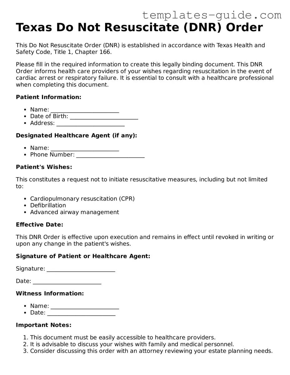 Free  Do Not Resuscitate Order Form for Texas