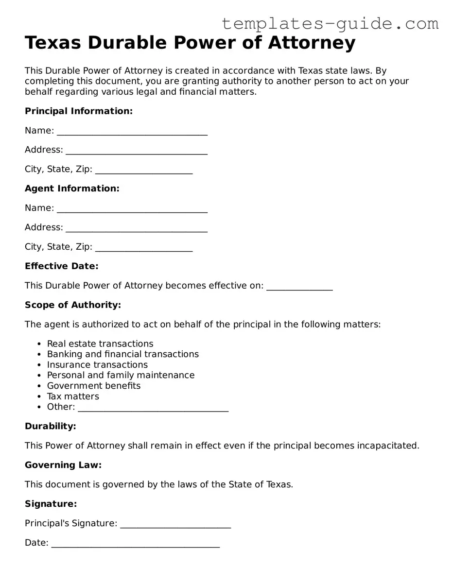 Free  Durable Power of Attorney Form for Texas