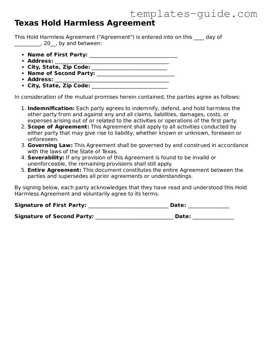 Free  Hold Harmless Agreement Form for Texas