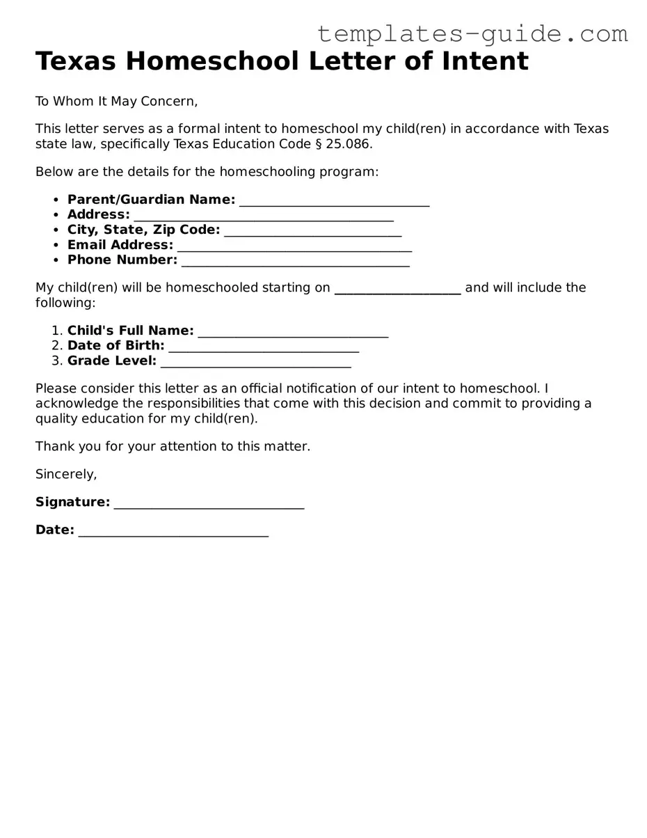Free  Homeschool Letter of Intent Form for Texas