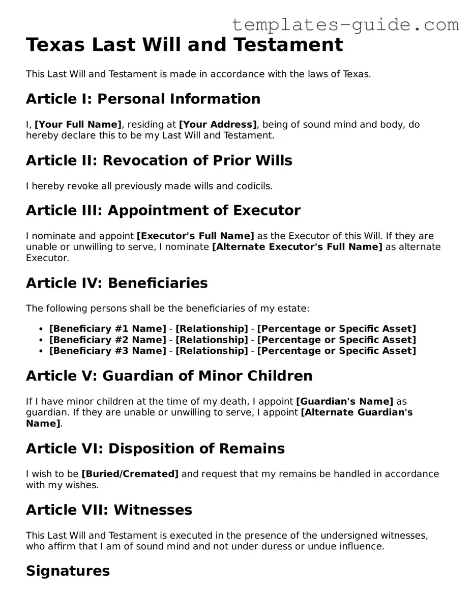 Free  Last Will and Testament Form for Texas