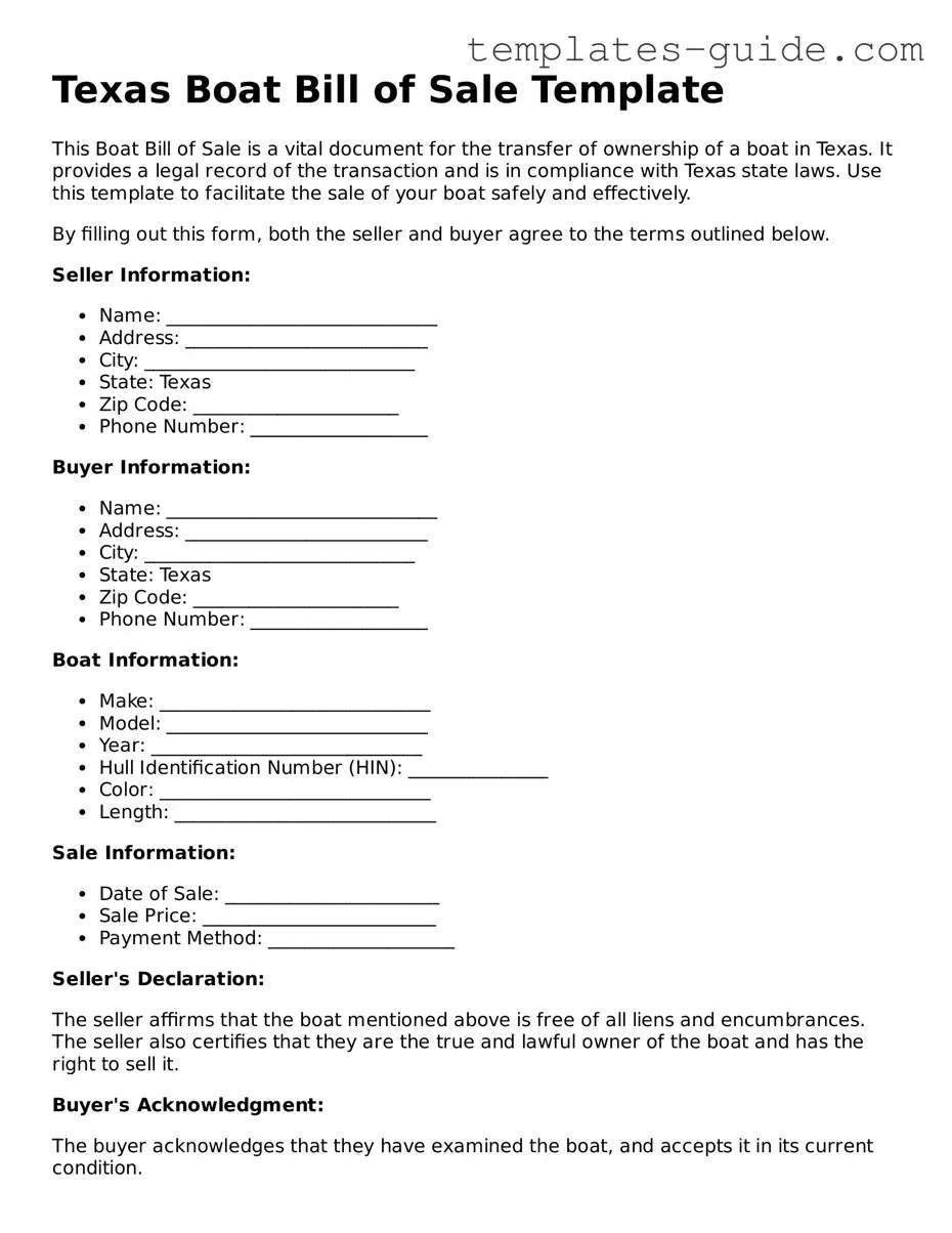 Free  Boat Bill of Sale Form for Texas