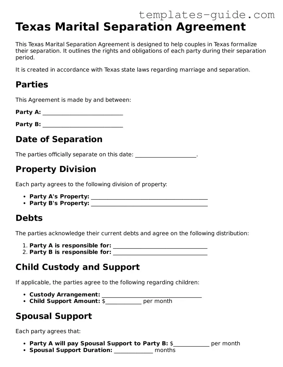 Free  Marital Separation Agreement Form for Texas