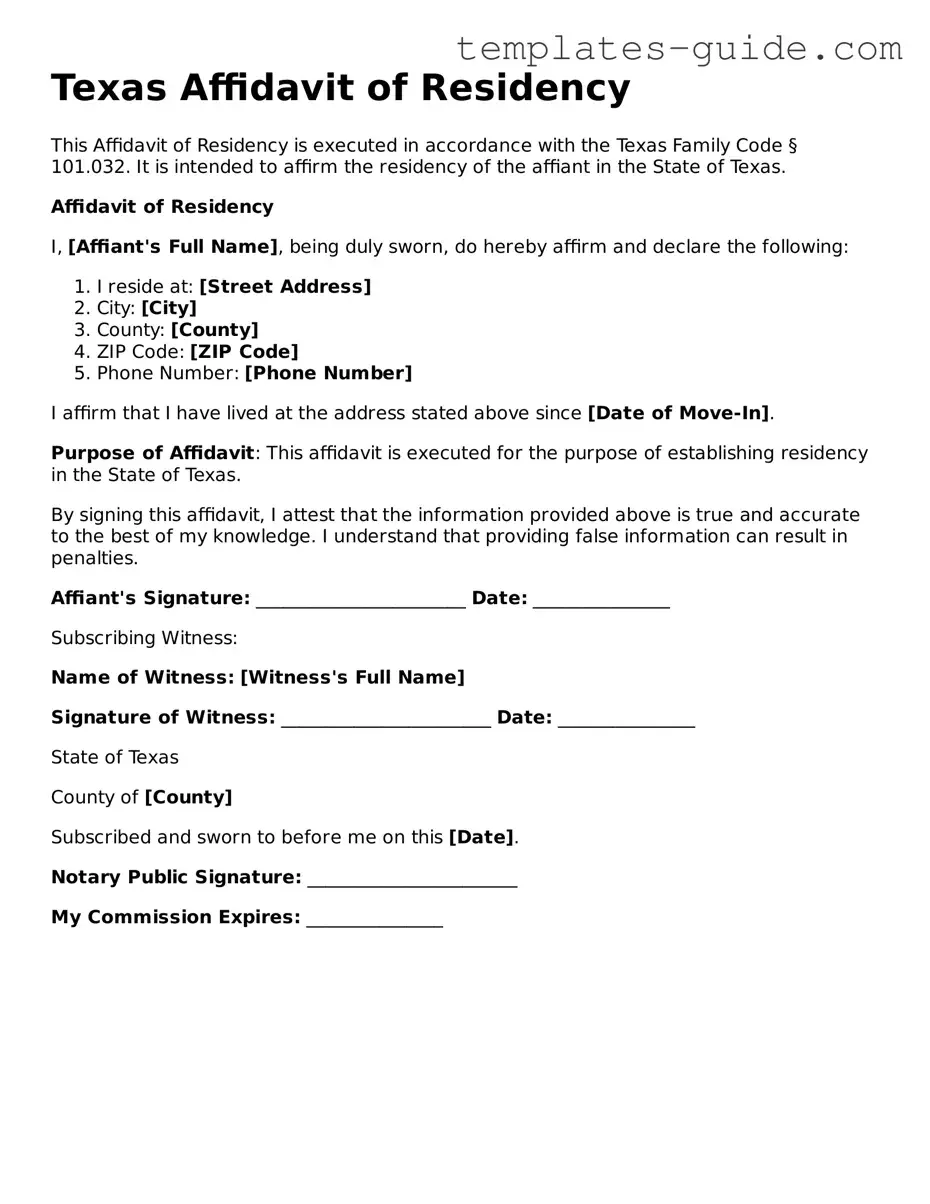 Free  Affidavit of Residency Form for Texas