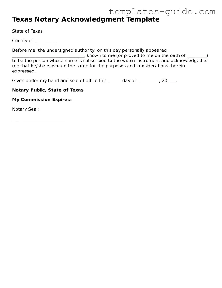 Free  Notary Acknowledgement Form for Texas