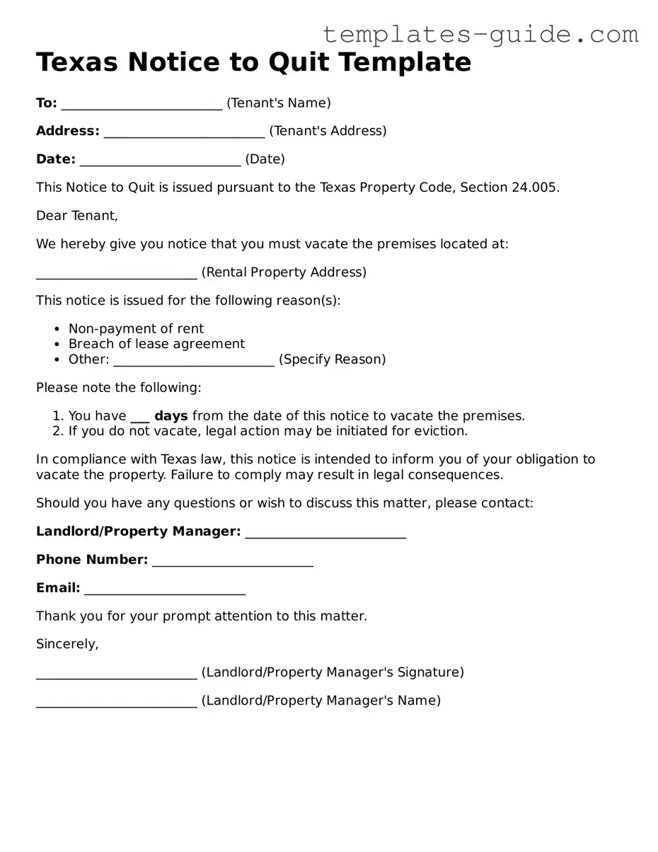 Free  Notice to Quit Form for Texas