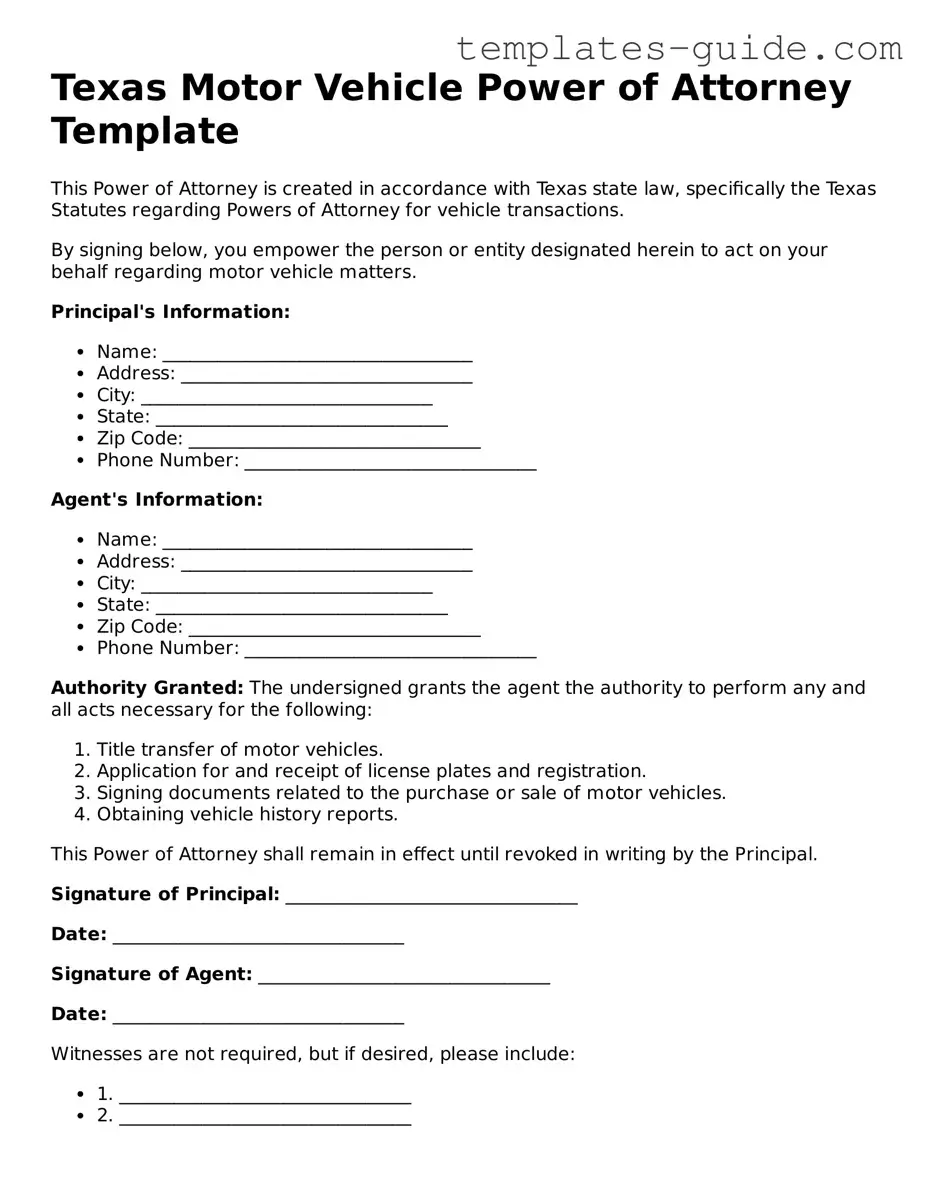Free  Motor Vehicle Power of Attorney Form for Texas