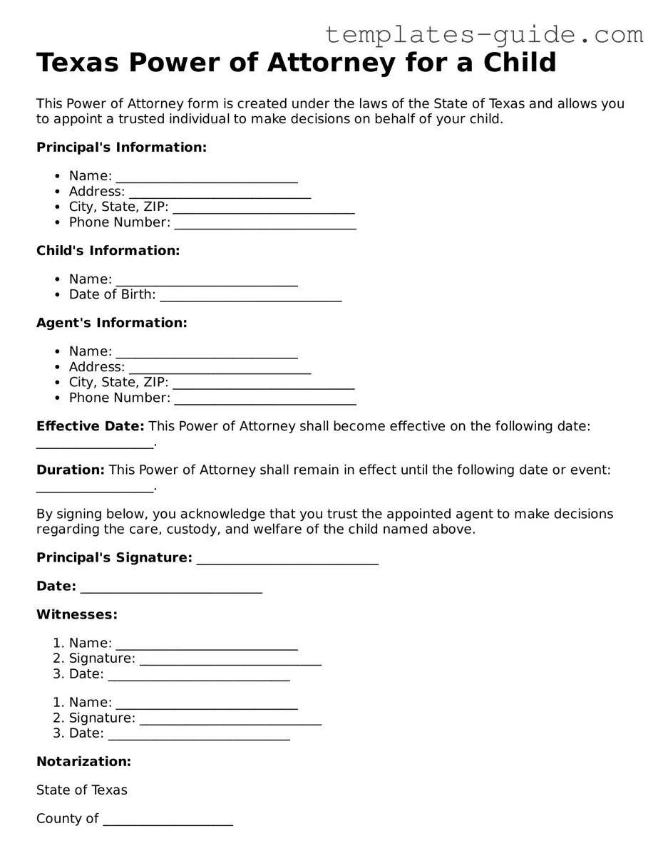 Free  Power of Attorney for a Child Form for Texas