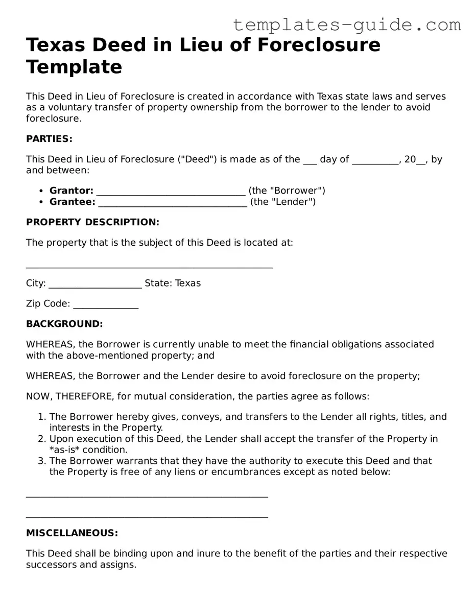 Free  Deed in Lieu of Foreclosure Form for Texas