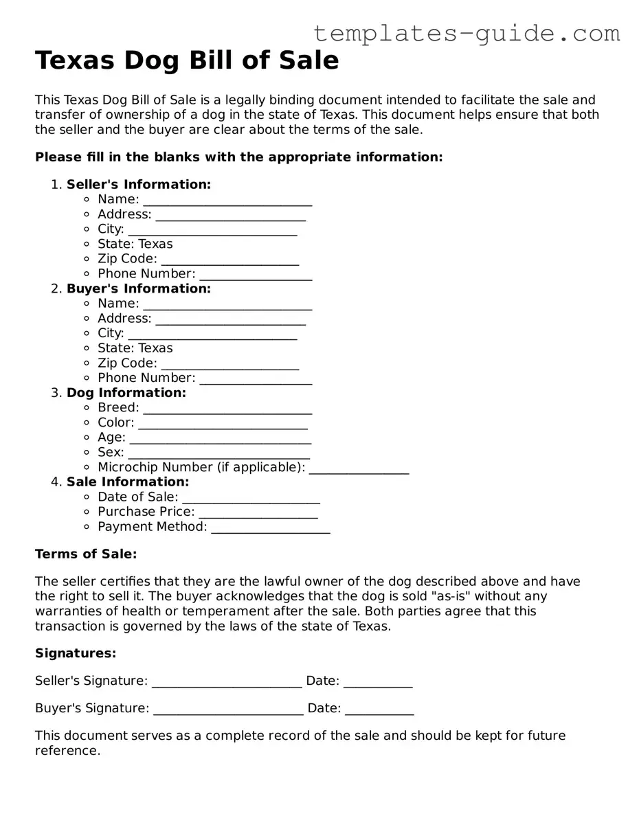 Free  Dog Bill of Sale Form for Texas
