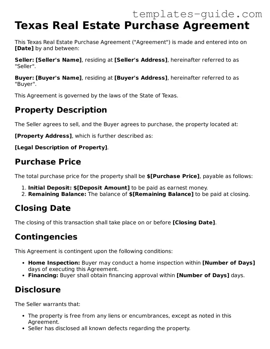 Free  Real Estate Purchase Agreement Form for Texas