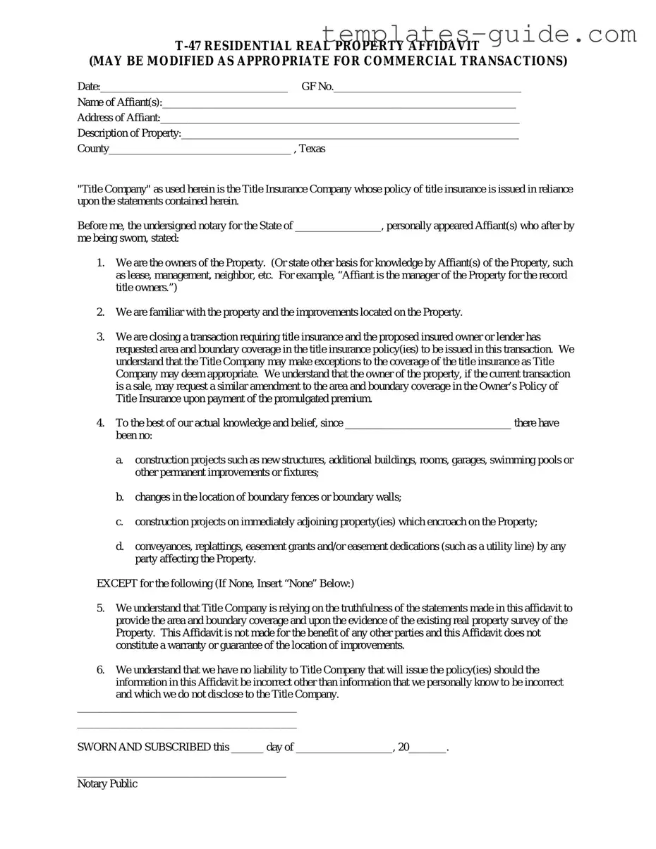 Fill Out a Valid Texas residential property affidavit T-47 Template