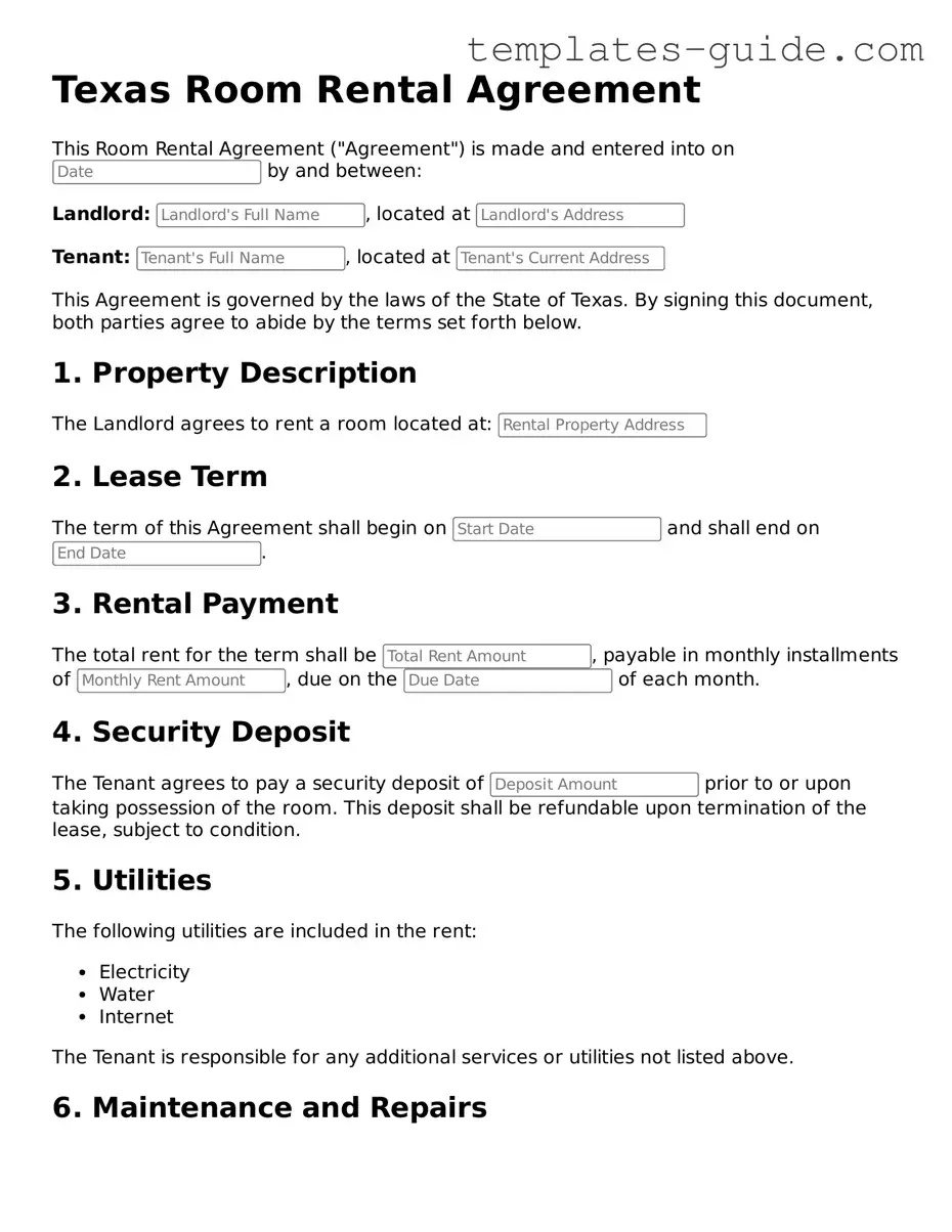 Free  Room Rental Agreement Form for Texas