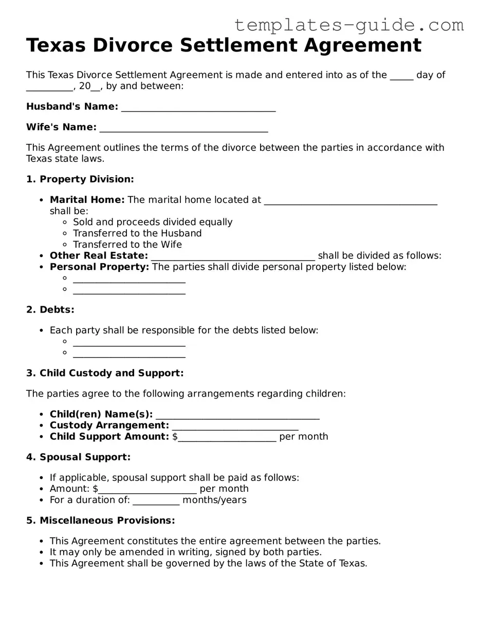 Free  Divorce Settlement Agreement Form for Texas