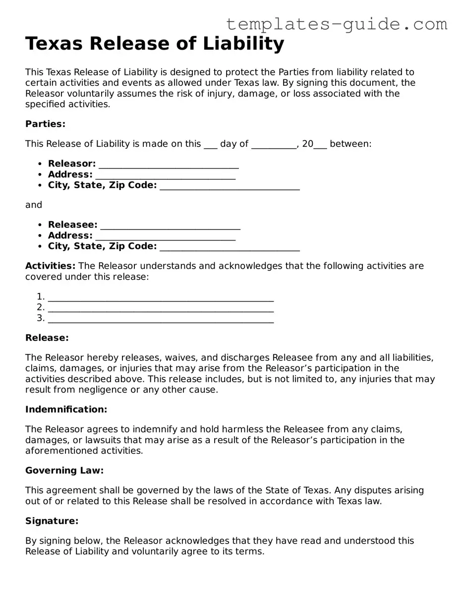 Free  Release of Liability Form for Texas